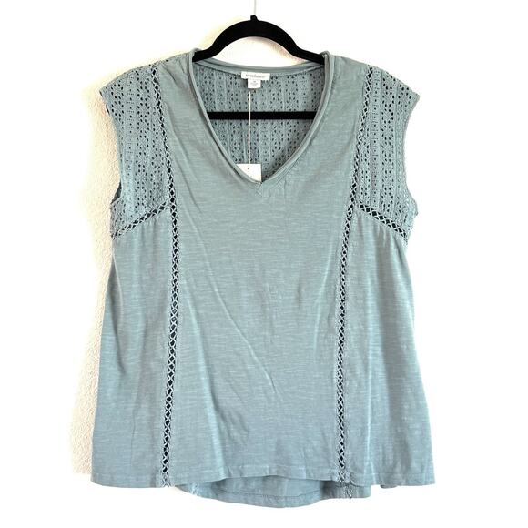 NWT Sundance Women’s Dinah Eyelet Shirt Top Blue Short Sleeve V-Neck - Picture 1 of 11